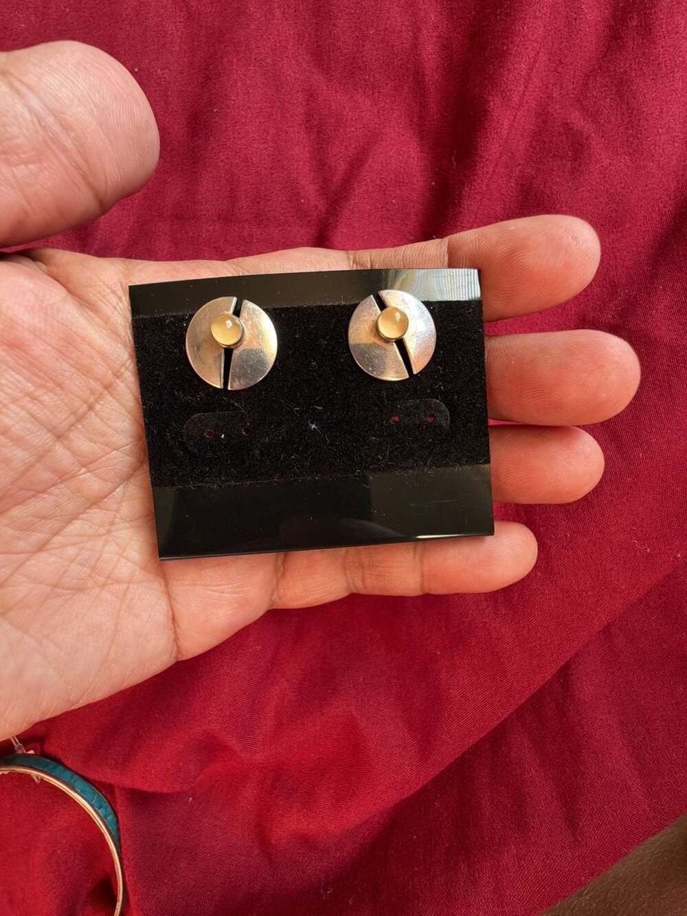Vintage Modernist Split Circle Sterling Silver and Yellow Stone Stud Earrings